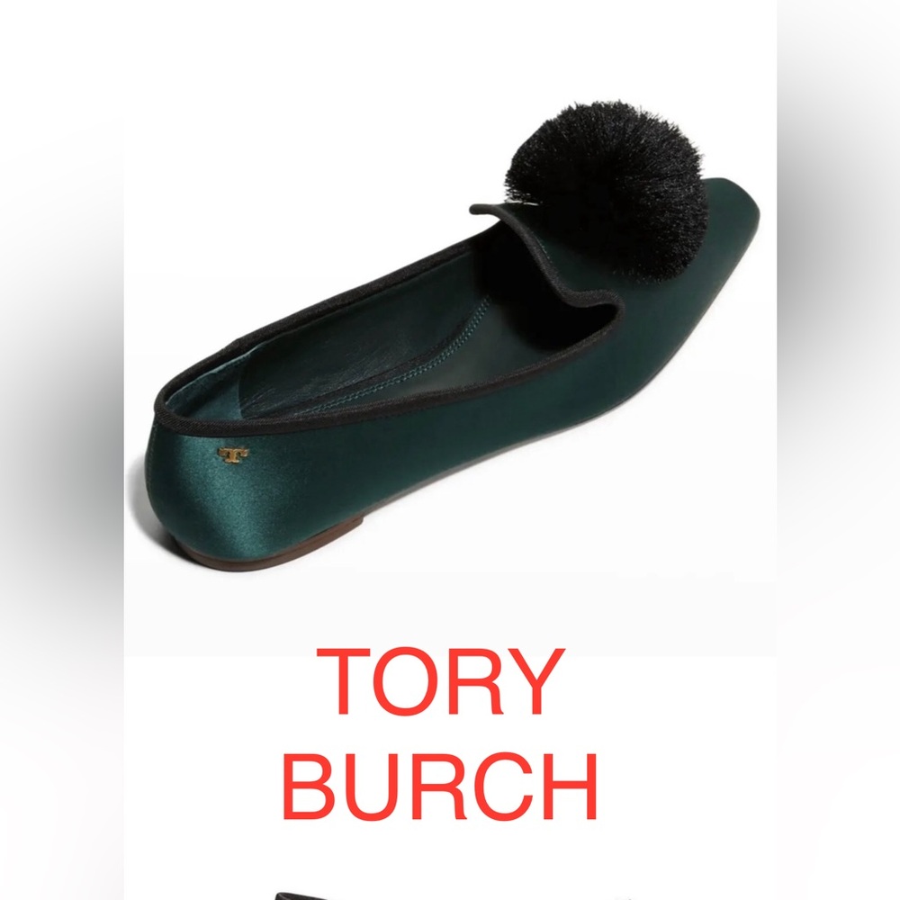 NWT Tory Burch Satin Pom Pom Smoking Loafers in Emerald Green, size : 10